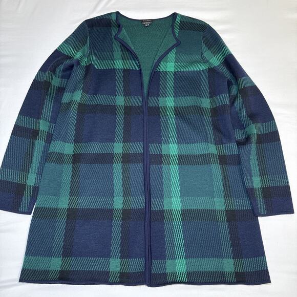 TALBOTS Black Watch Plaid Merino Cardigan Sz L Mid-Length Blue/Green Open Front - Picture 1 of 16